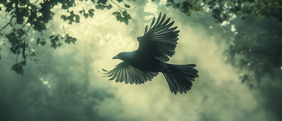 Fototapeta premium A cinematic capture of a bird in mid-flight, soaring through misty clouds. The soft, dreamlike atmosphere gives the scene a calming and peaceful tone, perfect for nature lovers.