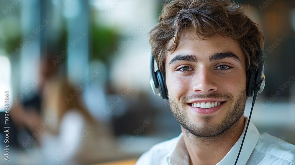 Poster portrait of a smiling male call center operator, offering customer service and support through a hea