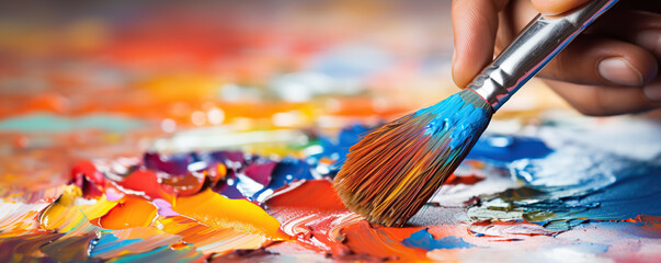 Fototapeta premium A vibrant artist blends colorful paints on a palette with a brush during a creative session in a studio