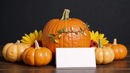 Watercolor pumpkins and floral arrangement for an autumn Thanksgiving or Fall-themed greeting card design Orange Plant