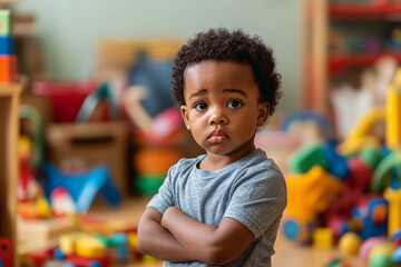 A 3 year old African American child standing quietly in a busy kindergarten, looking confused,...