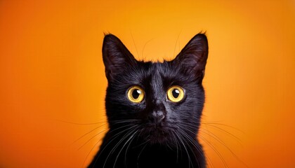 Obraz premium Close-Up of a Black Cat with Piercing Yellow Eyes Against a Vibrant Orange Background. Intense Gaze and Glossy Fur in Bold Contrast. Theme Design Halloween
