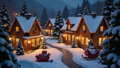 Fototapeta premium Cozy wintery Christmas village scene with colorful buildings and holiday decorations