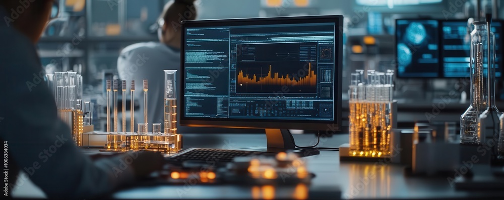 Poster a scientist analyzing data on a computer in a modern laboratory filled with test tubes and high-tech