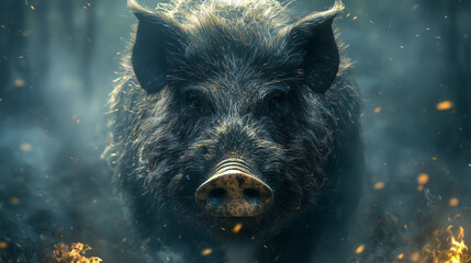 A striking portrait of a wild boar emerging from the mist in a dense forest, with noise reduction and soft cinematic details, highlighting the creature’s powerful presence.