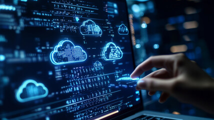 Fototapeta premium A tech-savvy user interacts with a virtual touch screen, downloading data from cloud storage to a laptop. Floating binary codes and cloud icons represent the data transfer.