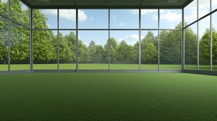 A spacious greenhouse filled with lush green grass on the ground and a striking glass roof allows sunlight to illuminate the area, perfect for spring vegetable growth.