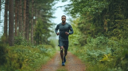 Fototapeta premium fit man on a morning run through a scenic forest path, enjoying a healthy and active lifestyle, combining outdoor fitness, cardio, and wellness in a beautiful natural setting