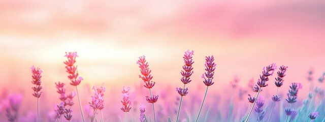 Fototapeta premium A beautiful lavender field bathed in soft sunrise light, creating a tranquil and vibrant atmosphere. Perfect for evoking feelings of peace and nature's beauty.