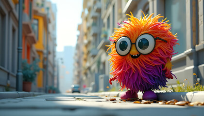 Funny Furry Monster Wearing Glasses in City Street