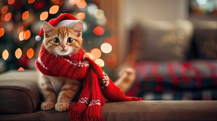Warm cozy ginger cat with red scarf and Santa's hat sitting on vintage sofa on blurred home background with copy space, Merry Christmas card wallpaper