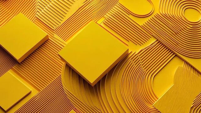 Yellow squares rest on a textured surface with curved and linear patterns