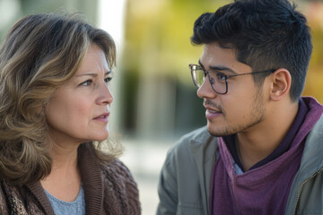 Naklejka premium A close up of a middle aged Caucasian woman and a young Hispanic man in an interview setting, showcasing their engaged expressions. The background softly blurs, enhancing the focus on their