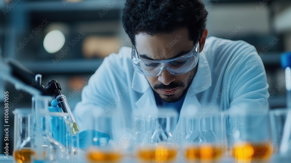 Aufkleber a scientist carefully conducting experiments in a laboratory, analyzing liquids using various lab eq