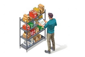 Inventory Specialist Using Tablet for Stock Check, isometric style