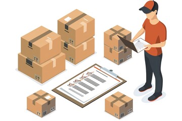 Logistic man boxes and checklist, isometric style
