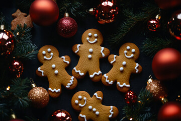 An enchanting top-down view showcases beautifully iced gingerbread men cookies set against a dark background, surrounded by colorful Christmas ornaments, evoking the festive spirit of the season.