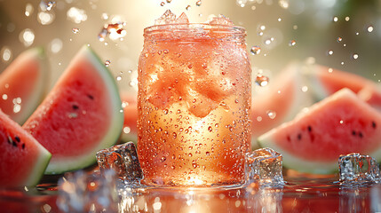 A refreshing watermelon iced tea in a glass carafe, with ice cubes and fresh watermelon slices, offering a vibrant and summery beverage presentation.

