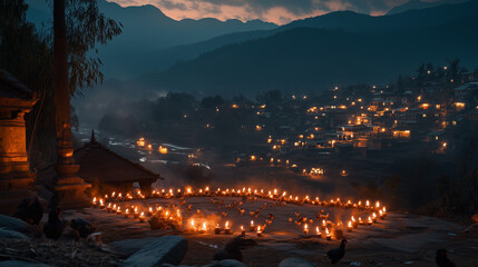 Tihar celebration in rural Nepal, houses are decorated with oil lamps, chickens, cows and crows are fed as a sign of respect, Ai generated images