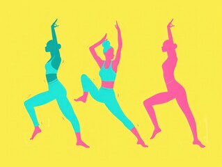vibrant dance silhouette illustration, colorful figures in dynamic poses on a bright yellow background, showcasing movement and energy in a modern graphic style