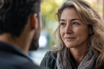 Obraz premium A close up of a middle aged Caucasian woman and a young Hispanic man in an interview setting, showcasing their engaged expressions. The background softly blurs, enhancing the focus on their