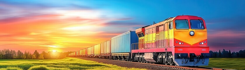 Fototapeta premium Freight train with industrial cargo, rural landscape, Watercolor style
