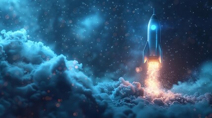 A neon blue rocket launch icon with digital effects on a dark blue background. Concept of startup, business, and technology success. 3D Rendering