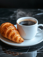 Flaky croissant next to a delicious cup of coffee, warm and inviting, perfect morning treat, indulgent breakfast, delightful aroma, satisfying pastry experience, coffee lover's dream.

