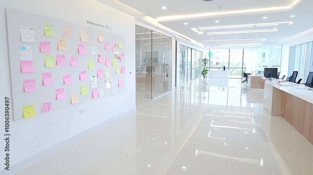Poster modern office space with collaborative boards, bright and open layout, vibrant post-it notes adding 