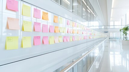 Obraz premium Modern office interior, vibrant post-it notes covering a whiteboard, sleek furniture, open layout, collaborative atmosphere, bright colors, promoting creativity and teamwork