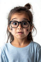 Obraz premium Little Brazilian girl with soot on her cheeks, lab glasses slightly crooked, her expression one of surprise, in front of a white studio background.