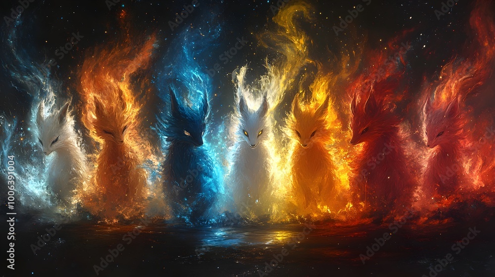 Poster cosmic inferno:fiery explosion of celestial energy in vibrant surreal landscape - dramatic abstract 