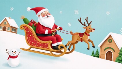 Obraz premium Whimsical watercolor holiday scene showcasing Santa Claus gingerbread men reindeers gifts snowmen and a sleigh