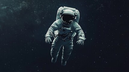 Fototapeta premium Astronaut navigating outer space, deep black backdrop, stars twinkling, evoking wonder and adventure.