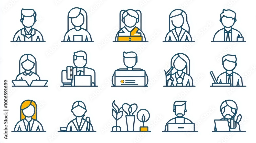 Poster teamwork icons collection, a comprehensive set of thin line symbols representing collaboration, co-w