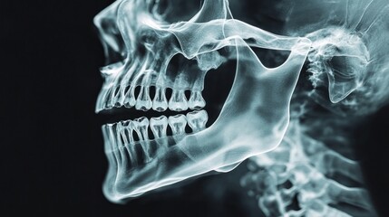 X-ray of human skull and jawbone, detailed dental and cervical anatomy, clear structural intricacies of skeleton