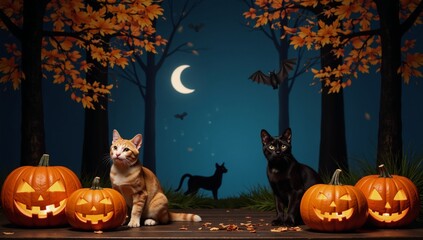 Halloween-themed vertical illustration featuring orange backdrop with spooky trees flying bats lurking cats and various pumpkins
