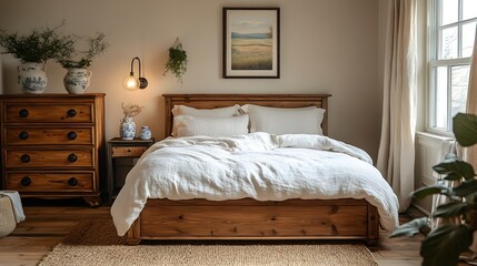 Cozy and Inviting Rustic Bedroom with Wooden Furniture and Natural Accents. Peaceful and Relaxing Bedroom Interior Design with Calming Ambiance and Harmonious Atmosphere.