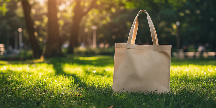 Tote bag mockup concept image with a blank tote bag sitting outside in a park on sunny day for the large sturdy cloth unfastened bag with parallel handles with copy space