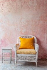 A room with faded, pastel pink walls, showcasing a single, white rattan chair with a bright yellow cushion, placed next to a small side table. 