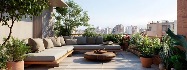 Rooftop terrace with wooden seating and a coffee table, surrounded by plants and greenery, creating an outdoor living space for relaxation and socializing.