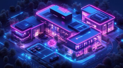 Futuristic building illuminated with neon lights at night.