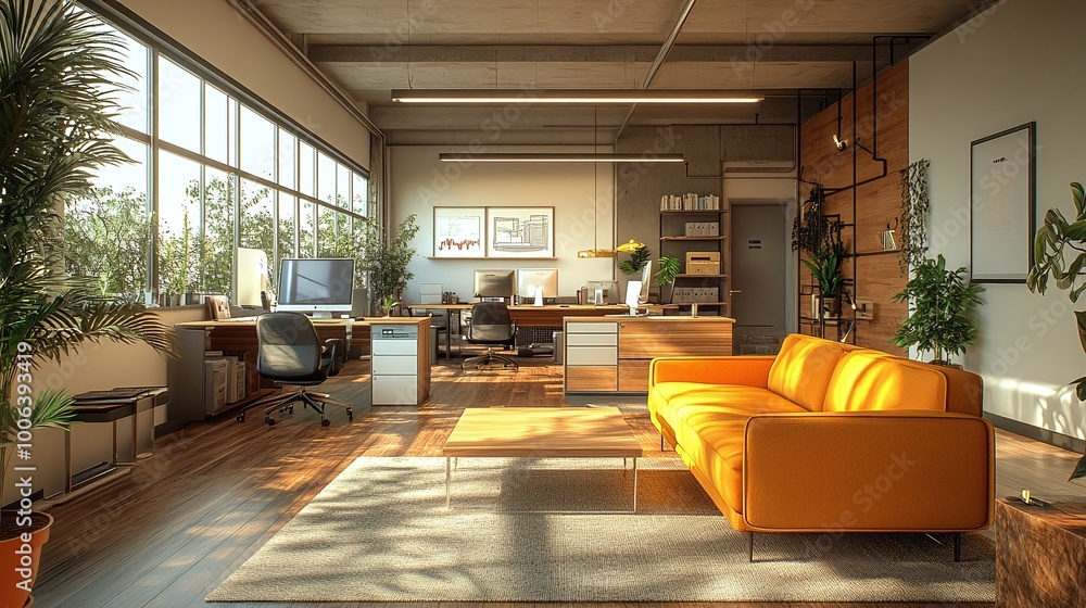 Poster innovative and dynamic office environment with team collaboration and technology integration, modern