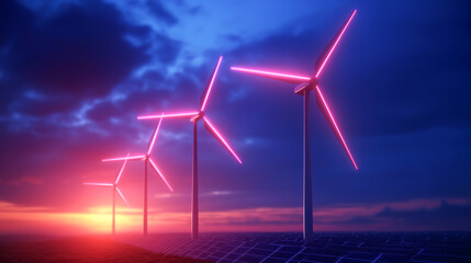 A striking sunset view of illuminated wind turbines in a renewable energy landscape, showcasing modern sustainability.