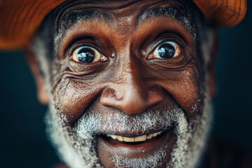 A Black granddad with wide, surprised eyes, his expression full of wonder and joy, captured in a close up portrait that highlights the deep lines of his face and his warm smile.