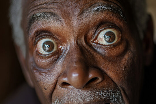 An African American granddad with wide, surprised eyes, his face glowing with joy and curiosity, captured in a close-up portrait that highlights the wisdom in his eyes.