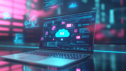 Obraz premium A futuristic laptop with a virtual touch screen interface, showing data being downloaded from cloud storage, holographic icons floating above the screen. Blue digital lines symbolize data transfer in