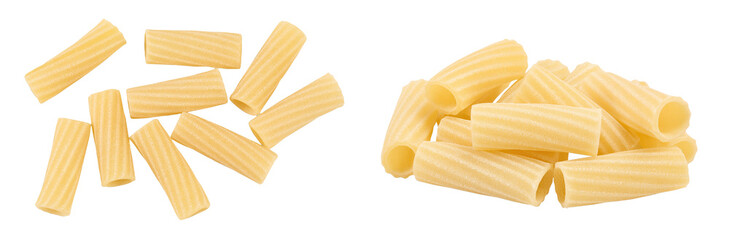 raw italian tortiglioni pasta isolated on white background with full depth of field. Top view. Flat lay