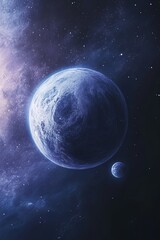 Obraz premium A blue planet with a smaller moon, bathed in the light of a distant star, against a backdrop of twinkling stars and swirling nebulae.