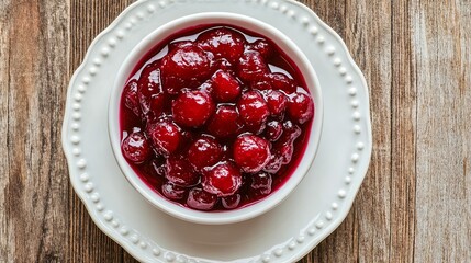 A bowl of cranberry sauce on a white plate and rustic wood background.